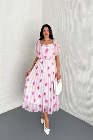 Neşeli butik kadın madonna yaka desenli şifon elbise NBK017