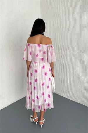 Neşeli butik kadın madonna yaka desenli şifon elbise NBK017