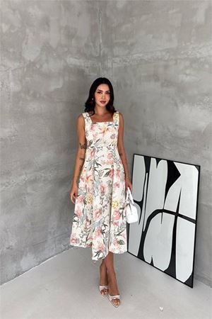 Kadın ekru kare yaka çiçek desenli kolsuz beli oturan midi elbise DPK4670