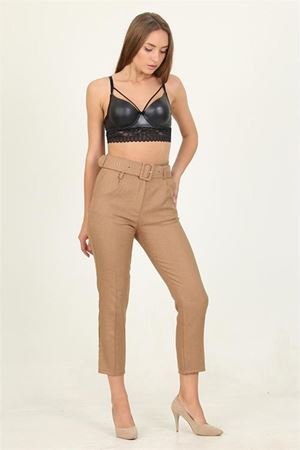 kadın camel cepli kemer detaylı kumaş pantolon DPQNS026
