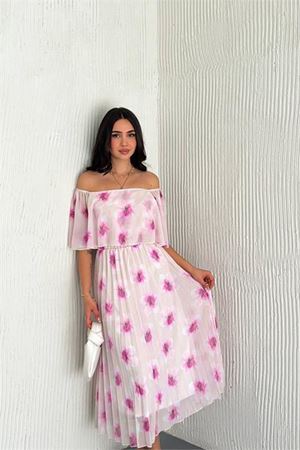 Neşeli butik kadın madonna yaka desenli şifon elbise NBK017