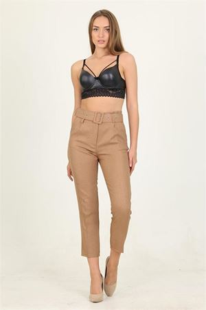 kadın camel cepli kemer detaylı kumaş pantolon DPQNS026