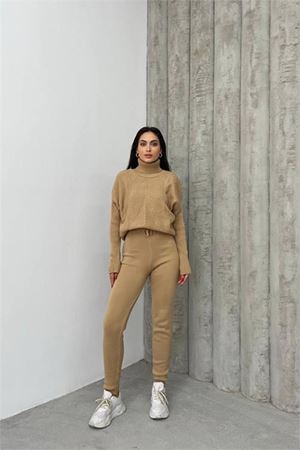 Neşeli butik kadın camel fitilli balıkçı yaka alt üst triko takım NBDM1215