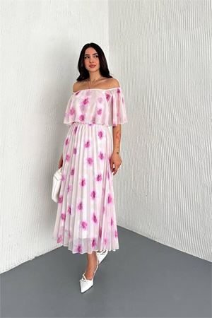 Neşeli butik kadın madonna yaka desenli şifon elbise NBK017