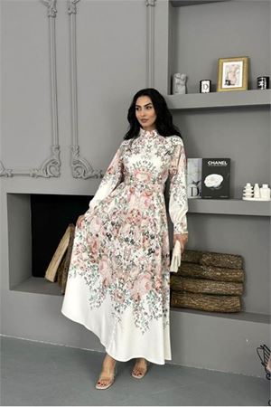 kadın ithal kumaş kemerli tam düğmeli çiçek desenli ekru tasarım elbise DPMS25115