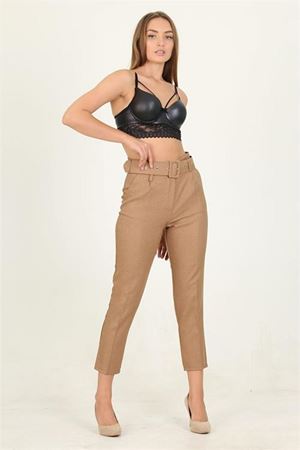 kadın camel cepli kemer detaylı kumaş pantolon DPQNS026