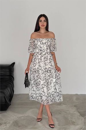 Neşeli butik kadın astarlı midi boy desenli şifon elbise NBQ008