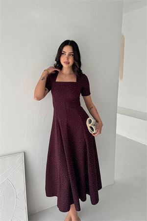 Kadın bordo taş detaylı kare yaka midi boy kısa kollu elbise DPK4605
