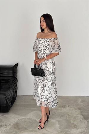 Neşeli butik kadın astarlı midi boy desenli şifon elbise NBQ008