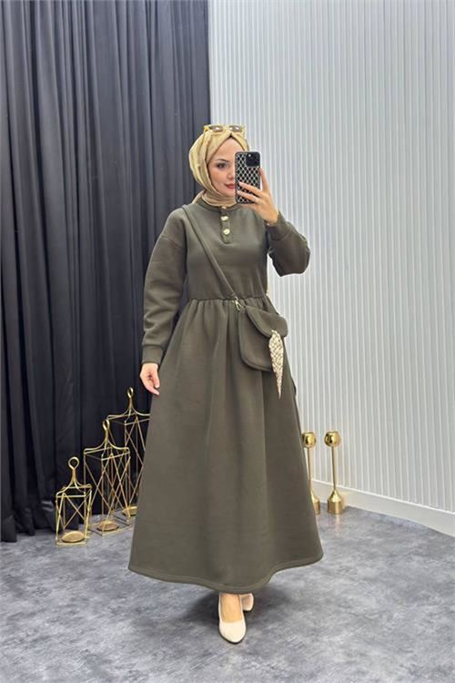Kadın haki gold düğmeli çanta detaylı tam boy tesettür elbise NMS077