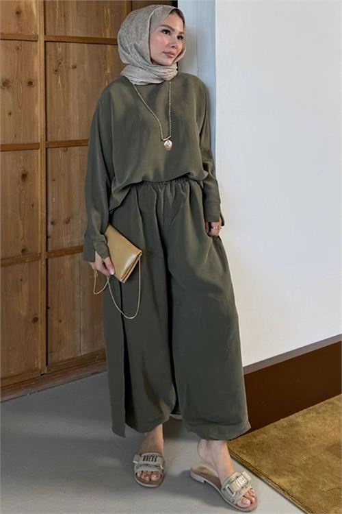 Kadın haki asimetrik tunik pantolon oversize tesnsel tesettür takım NMS104