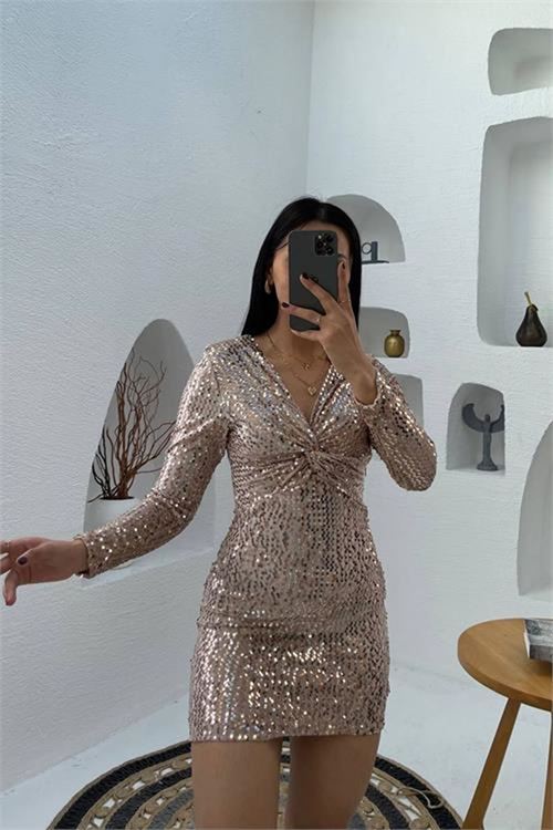 Kadın gold pul payet mini elbise DPMY3649