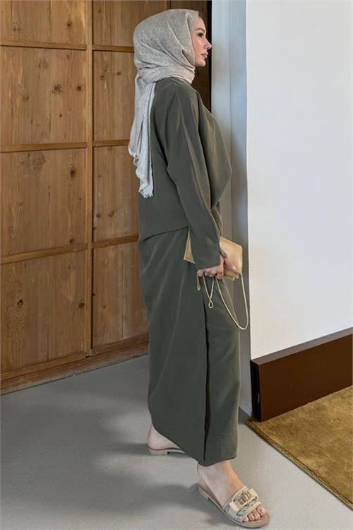 Kadın haki asimetrik tunik pantolon oversize tesnsel tesettür takım NMS104