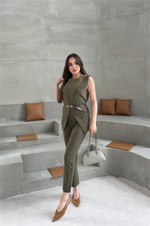 Kadın haki omuz düğme detaylı kolsuz blazer pantolon takım ---DPTKM4061