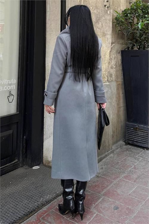 Kadın kaşe kumaş cepli yaka kürklü tam boy kuşaklı kaban DPSTR1003