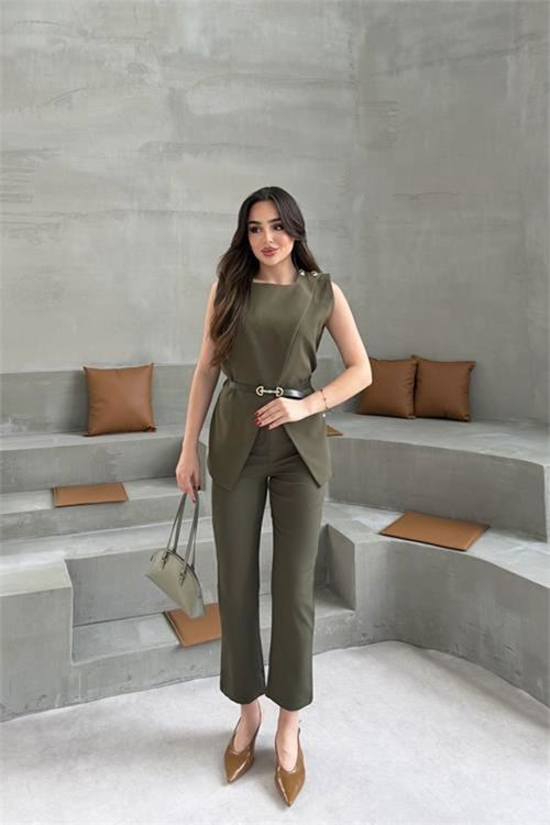 Kadın haki omuz düğme detaylı kolsuz blazer pantolon takım ---DPTKM4061