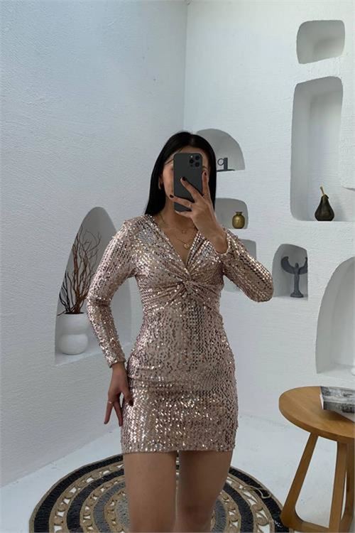Kadın gold pul payet mini elbise DPMY3649