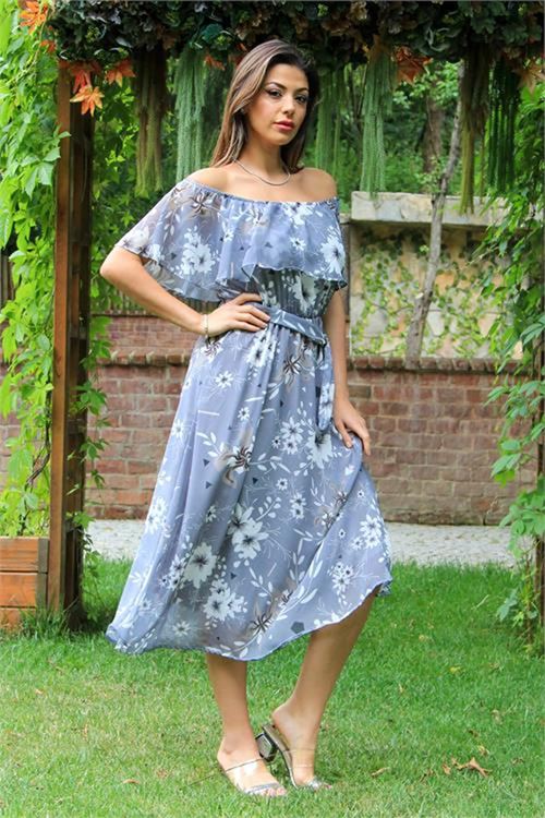 Neşeli butik kadın gri bağlama detaylı madonna yaka şifon elbise NB100371