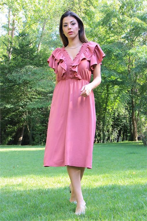 Neşeli butik kadın yaka ve kolları fırfırlı bağlama detaylı ayrobin elbise NB10050
