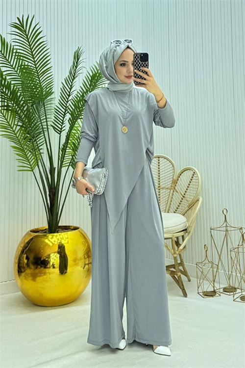 Neşeli butik kadın candy kumaş asimetrik kesim tunik pantolon ikili tesettür takım NMS072
