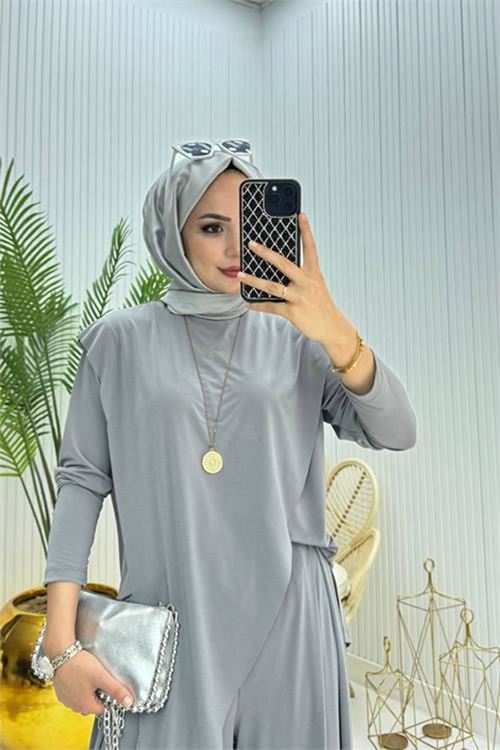 Neşeli butik kadın candy kumaş asimetrik kesim tunik pantolon ikili tesettür takım NMS072