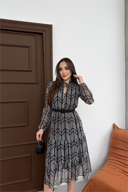 Neşeli butik kadın gri küçük desenli yaka bağlama detaylı astarlı şifon günlük elbise NBELB05