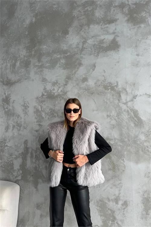Neşeli butik kadın gri ithal kürk yelek NBMYLK19