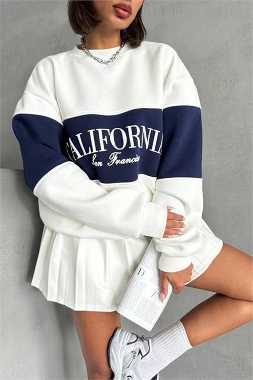 Neşeli butik kadın lacivert bisiklet yaka california sweat NBG038