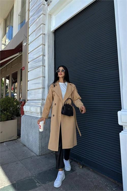 Neşeli butik kadın camel zra mevsimlik trençkot NBMYLK20