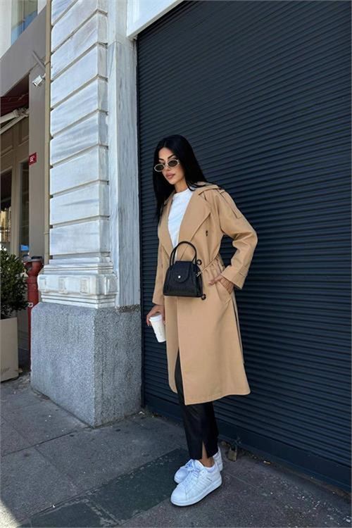 Neşeli butik kadın camel zra mevsimlik trençkot NBMYLK20