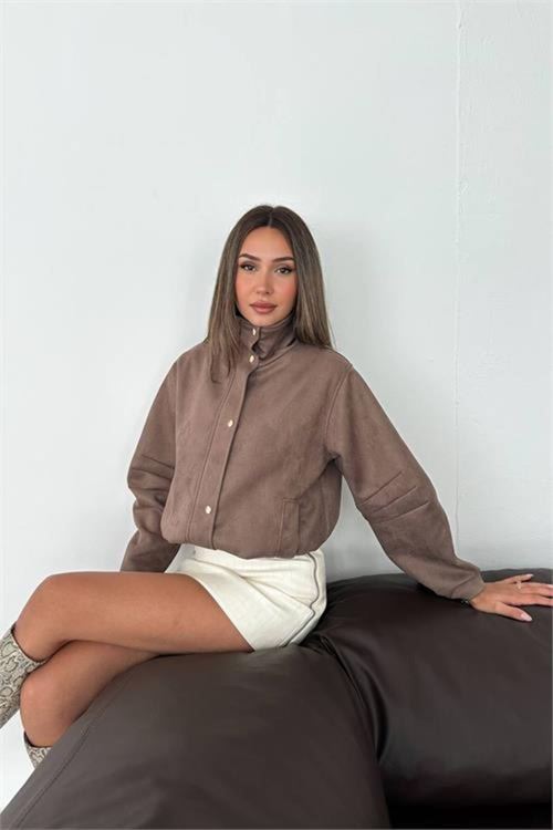 Kadın vizon dik yaka çıtçıtlı süet görünümlü bomber ceket DPK010