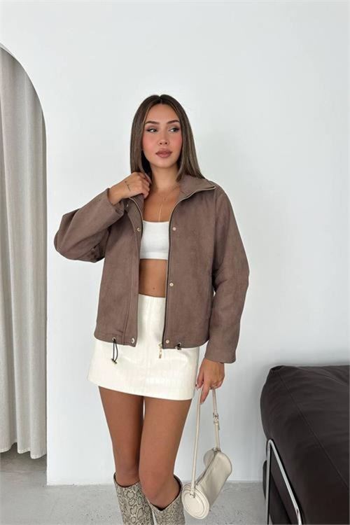 Kadın vizon dik yaka çıtçıtlı süet görünümlü bomber ceket DPK010