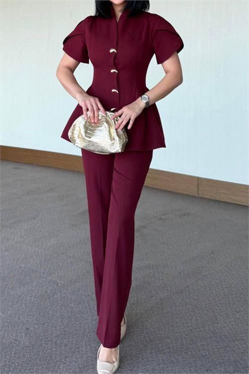 Kadın bordo gold düğme detaylı peplum kesim premium takım DPSTR4423