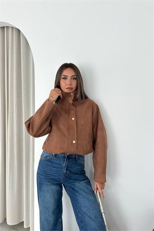 Kadın camel dik yaka çıtçıtlı süet görünümlü bomber ceket DPK010