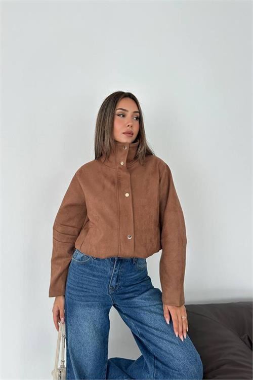 Kadın camel dik yaka çıtçıtlı süet görünümlü bomber ceket DPK010
