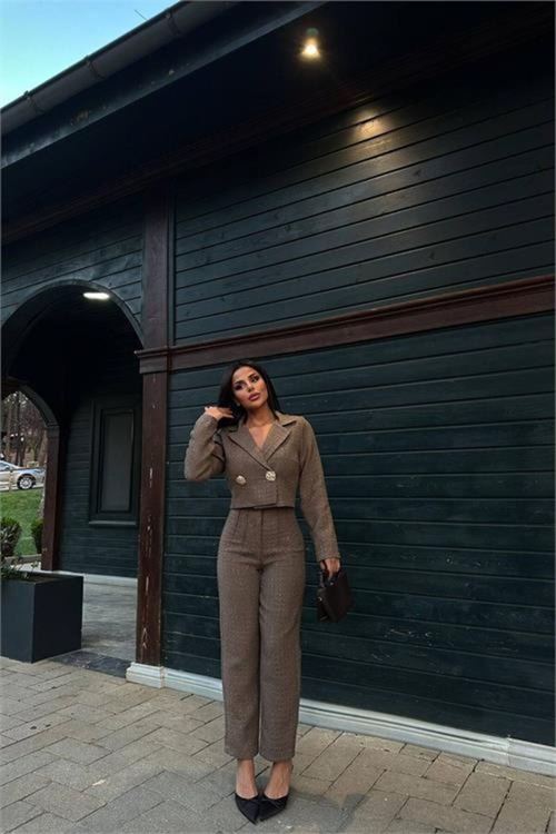 Kadın vizon tüvit kumaş gol düğmeli crop ceket pantolon ikili takım DPSTR1028