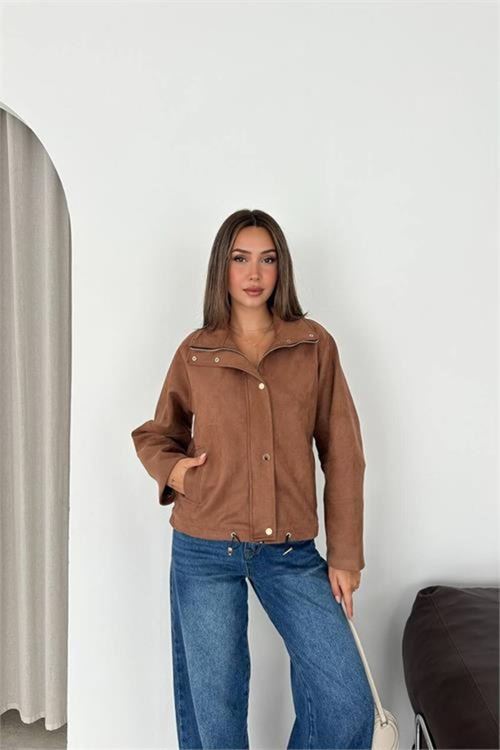 Kadın camel dik yaka çıtçıtlı süet görünümlü bomber ceket DPK010