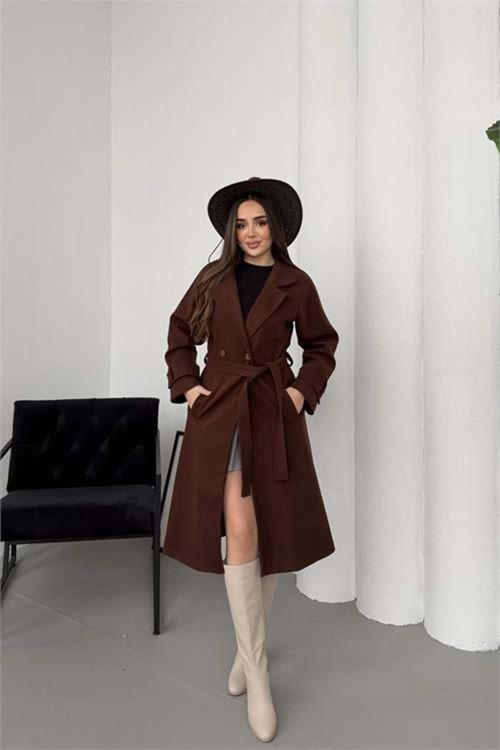 Kadın premium kuşaklı reglan kol düğmeli kahverengi kaşe kaban DPKBN01