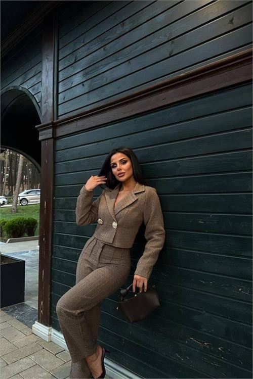 Kadın vizon tüvit kumaş gol düğmeli crop ceket pantolon ikili takım DPSTR1028