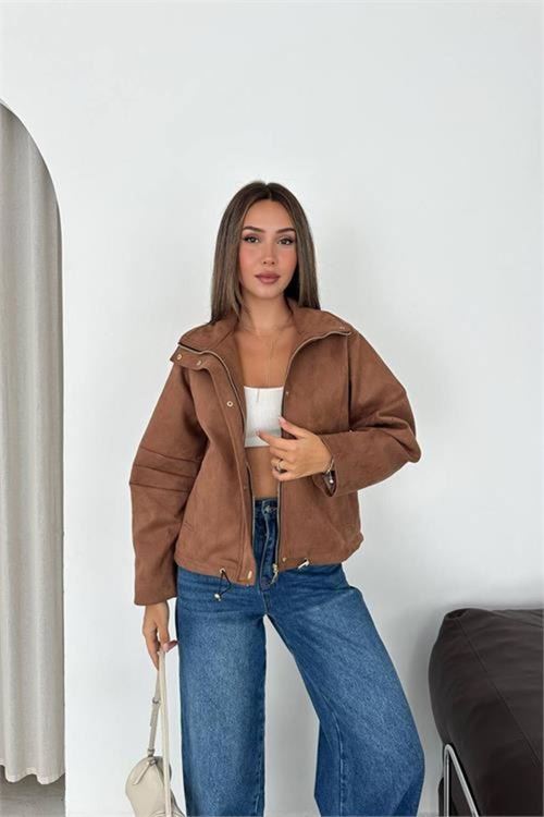 Kadın camel dik yaka çıtçıtlı süet görünümlü bomber ceket DPK010