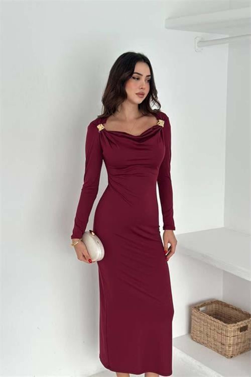 Kadın kayık yaka gol aksesuarlı elbise DPK4386