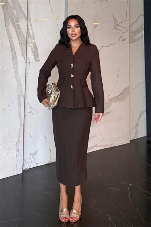 Kadın kahverengi tüvit kumaş peplum ceket kalem etek ikili takım DPSTR1012