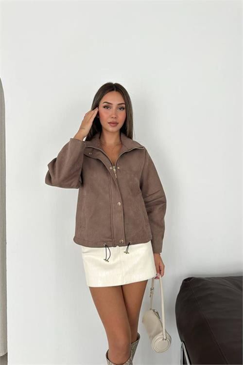 Kadın vizon dik yaka çıtçıtlı süet görünümlü bomber ceket DPK010