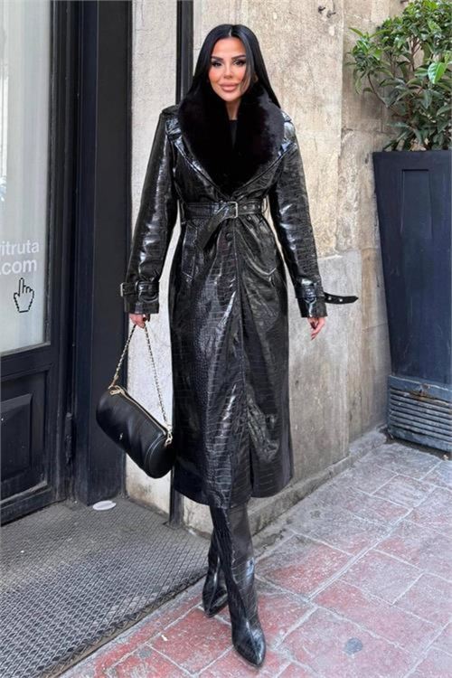 Kadın tam boy yaka çıkarılabilir kürklü croco deri kaban DPSTR1040