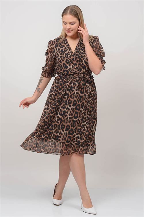 Neşeli butik kadın kruvaze yaka midi boy büyük beden leopar Desenli şifon elbise NB80622