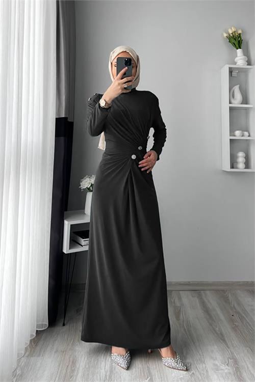 Neşeli butik kadın likralı düğme detaylı tesettür elbise NMS046