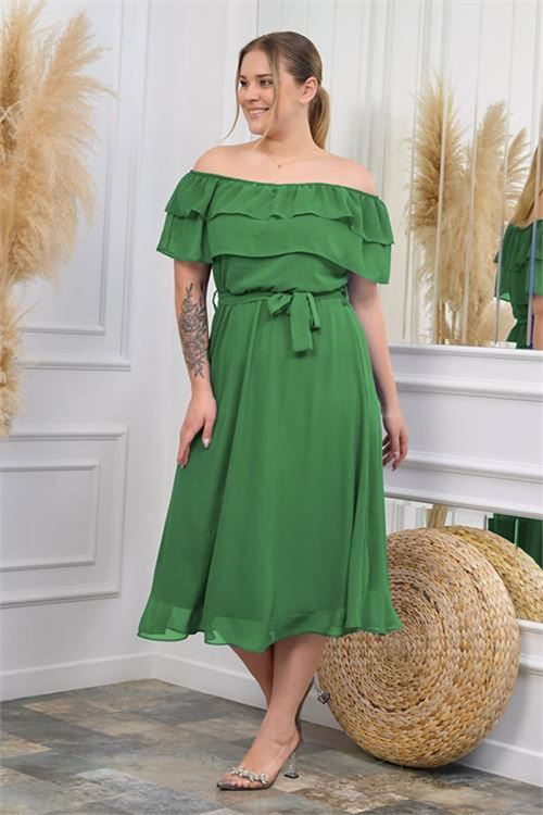 Neşeli butik kadın madonna yaka büyük beden şifon elbise NB8061