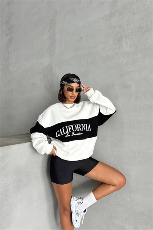 Neşeli butik kadın siyah bisiklet yaka california sweat NBG038