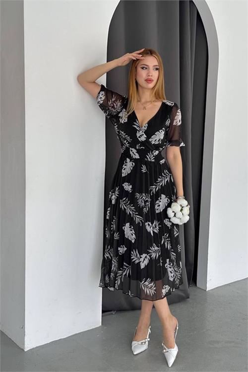 Neşeli butik kadın siyah yeni sezon piliseli yazlık şifon elbise NBQ005