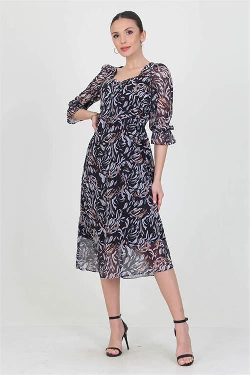 Neşeli butik kadın siyah kalp yaka yeni sezon desenli şifon elbise RY0030